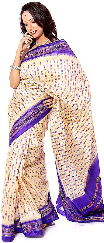 Cream and Blue Ikat Sari Hand-Woven in Pochampally
