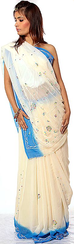 Cream and Blue Sari with Embroidered Sequins