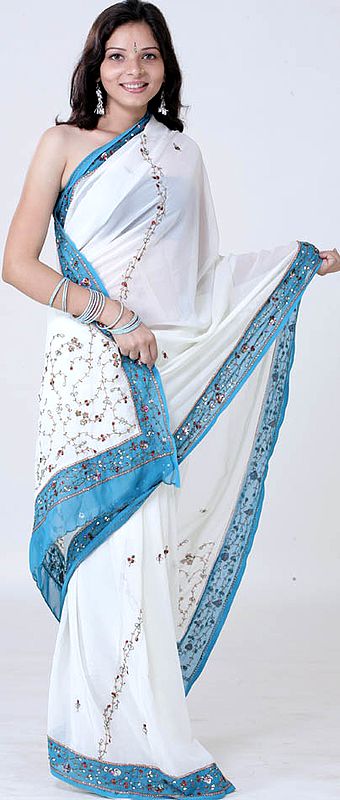Cream and Blue Sari with Sequins and Beads