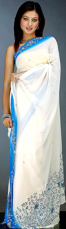 Cream and Blue Sari with Sequins and Threadwork