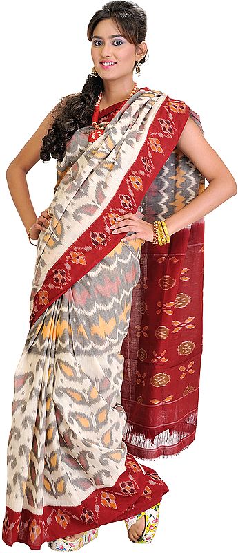 Cream and Maroon Ikat Sari from Pochampally with Hand Woven Paisleys