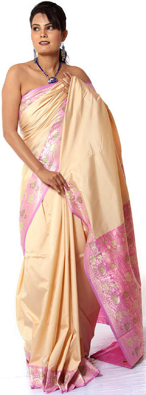 Cream and Pink Valkalam Sari with Floral Brocaded Border