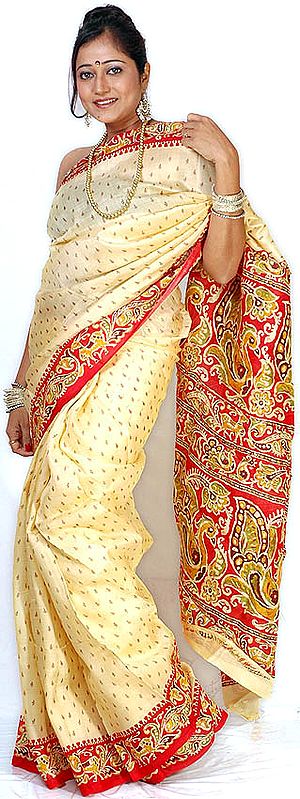 Cream and Red Block Printed Sari from Kolkata