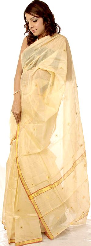 Cream Chanderi Sari with Golden Border and Bootis