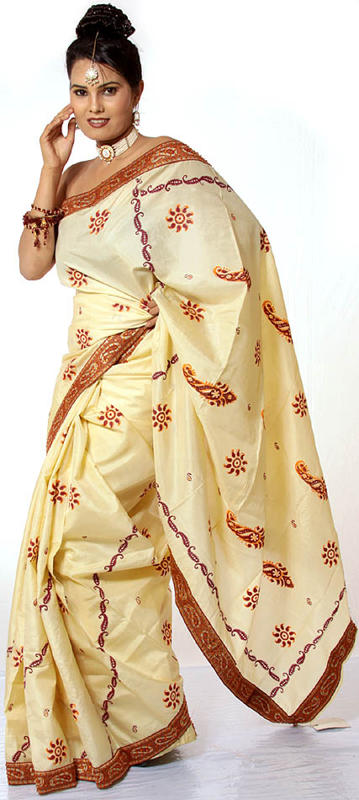 Cream Designer Sari with Hand-Painted Paisleys and Sequins on Border
