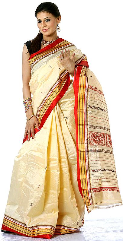 Cream Hand-woven Garad Sari from Bengal