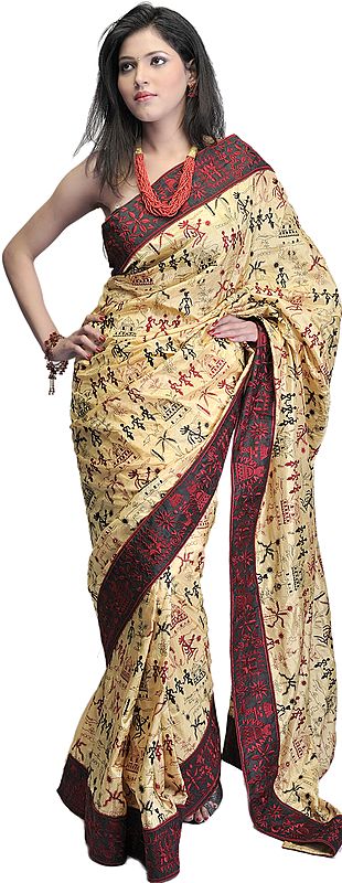 Cream Sari from Kolkata with Embroidered Warli Motifs