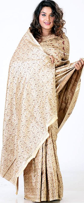 Cream Satin Tanchoi Sari with All-Over Brocaded Flowers