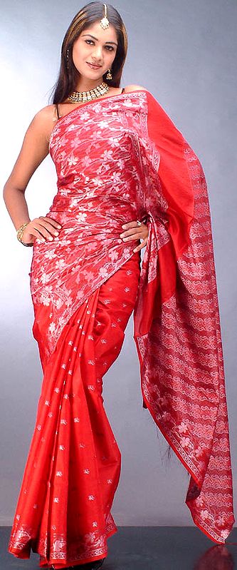 Crimson Banarasi Sari with Floral Weave on Pallau