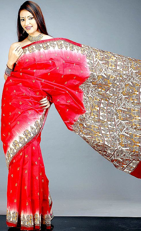 Crimson Block Printed Sari from Bengal