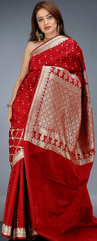 Crimson Bridal Brocaded Sari from Banaras