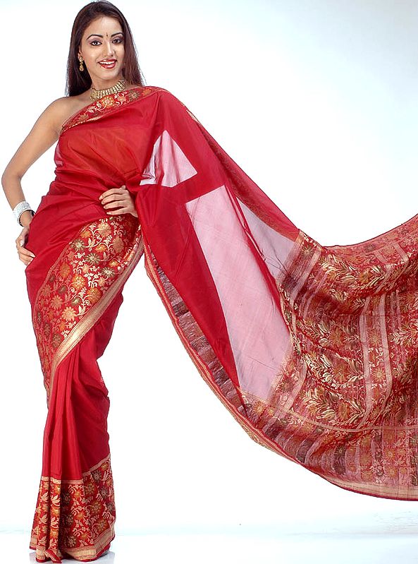 Crimson Handwoven Valkalam Sari with Floral Weave