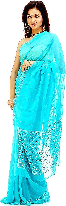 Cyan Sari with Sequins and Threadwork