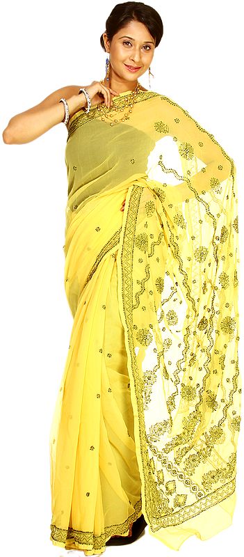 Daffodil-Yellow Lukhnavi Chikan Embroidered Sari
