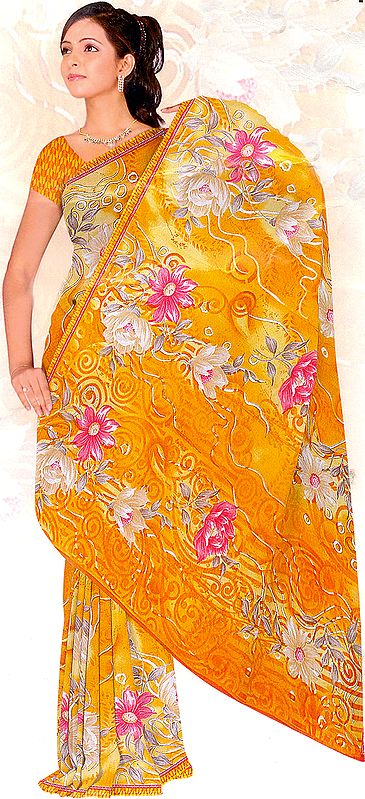 Daffodil-Yellow Sari with Large Printed Flowers and Floral Embroidery
