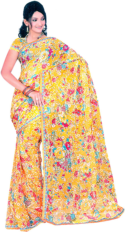 Daffodil-Yellow Sari with Printed Bootis and Patch Border