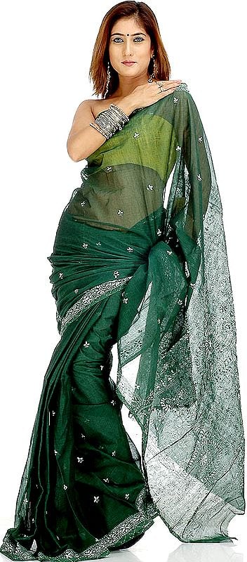 Dark Green Cotton Sari with Kantha Stitch