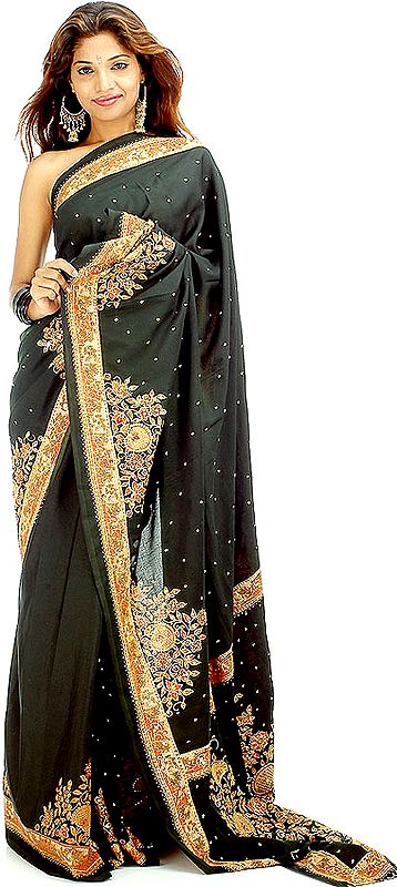 Dark Green Printed Sari with Beads and Threadwork