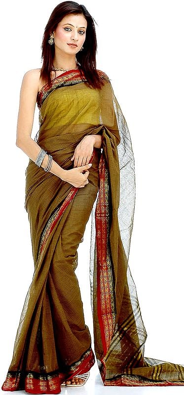 Dark Mehandi Green Narayanpet Cotton Sari with Fine Checks