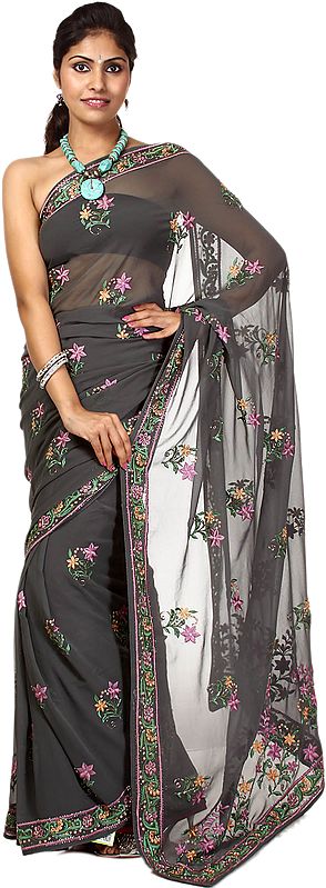Dark-Gray Sari with Parsi Embroidered Flowers and Beadwork