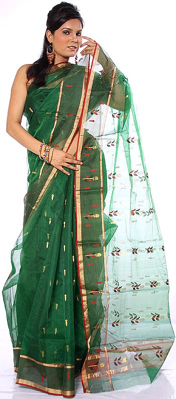Dark-Green Chanderi Sari with All-Over Bootis
