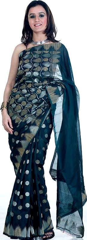 Dark-Green Sari from Banaras with All-Over Bootis Woven in Jute and Zari