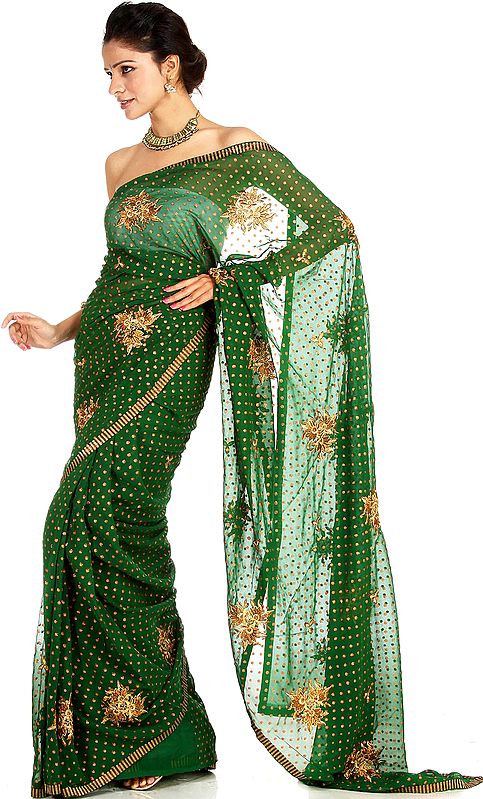 Dark-Green Sari with Copper Embroidered Bootis All-Over
