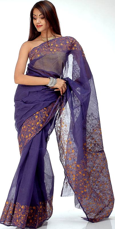 Deep Blue Kantha Sari with Amber Thread