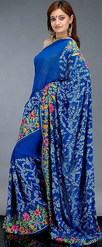 Deep Blue Sari with Persian Embroidery