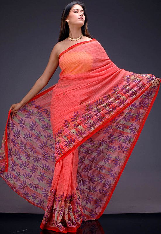Deep Coral Sari with Floral Print and Sequins