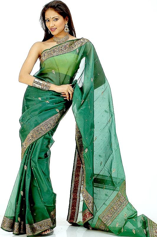 Deep Green Chanderi Sari with All-Over Bootis
