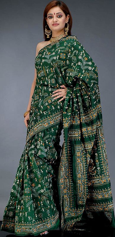 Deep Green Kantha Stitch Sari