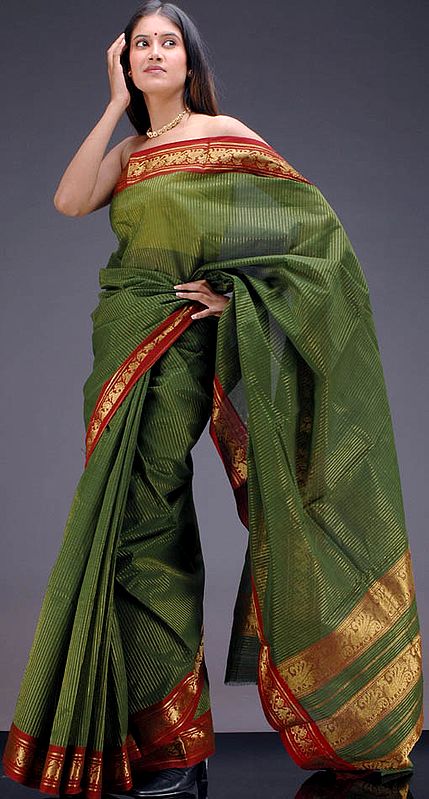 Deep Green Narayanpet Sari with Pin Stripes