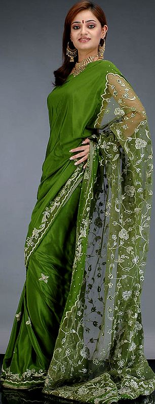 Deep Green Satin Sari with Net Pallu
