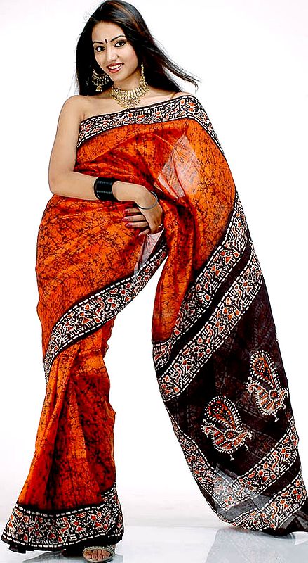 Deep Orange and Black Batik Sari
