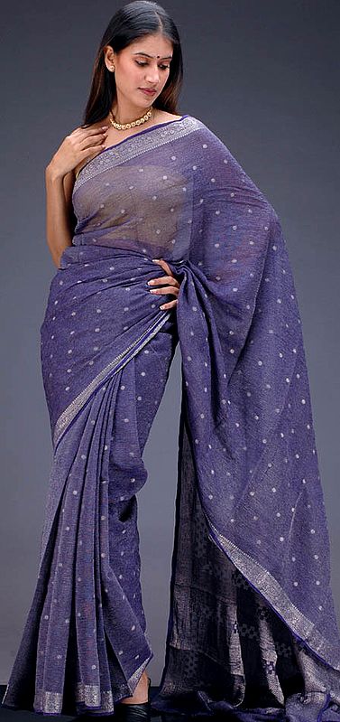 Deep-Blue Banarasi Crush Sari with Silver Bootis