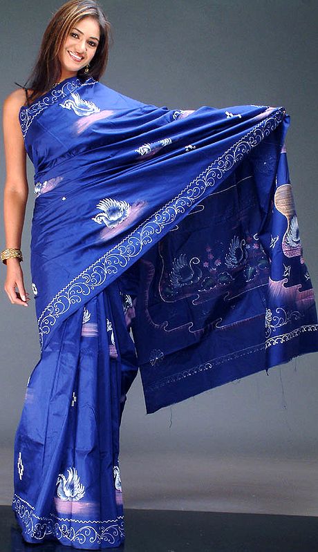 Deep-Blue Hand-Painted Sari