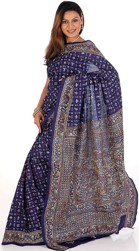 Deep-Blue Kantha Sari with Hand-Embroidered in Bengal