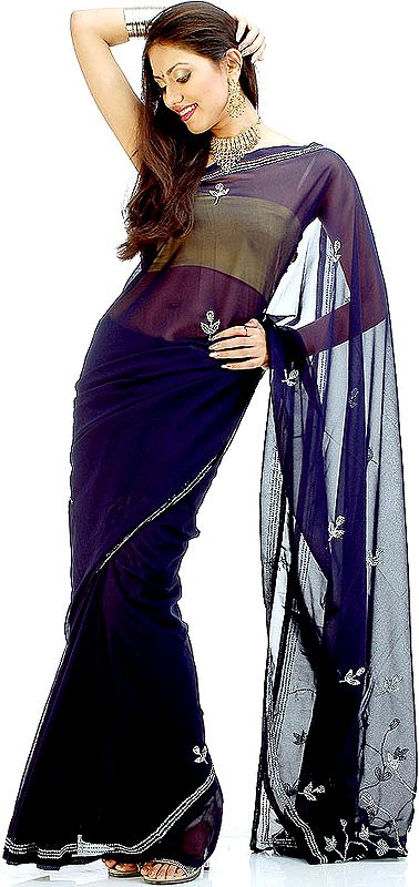 Deep-Blue Sari with Threadwork