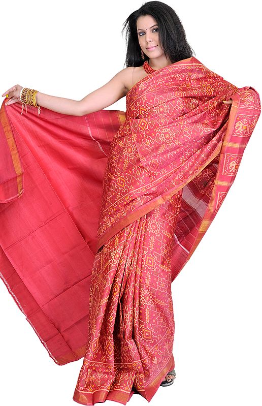 Deep-Claret Gujarati Paan Patola Sari from Patan with Ikat Weave
