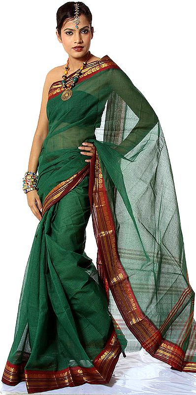 Deep-Green Narayanpet Sari with Fine Checks