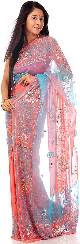 Deep-Sea Coral Suryani Sari from Mysore with Embroidered Sequins and Mirrors