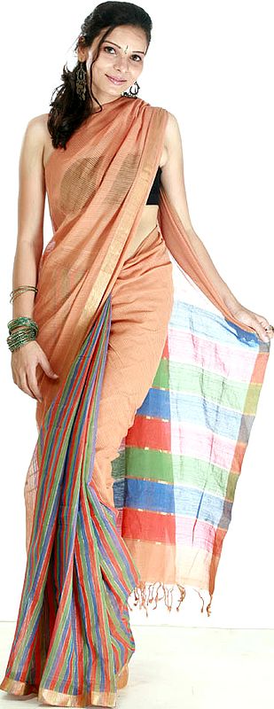 Designer Sandy-Brown Sari with Multi-Color Weave
