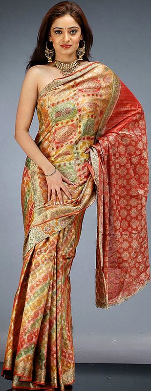 Discharge Dyed Banarasi Sari with Jacquard Weave
