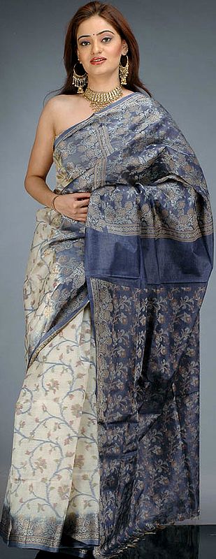 Discharge Dyed Ivory Tussar Silk Sari