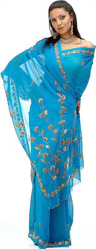 Dodger Blue Georgette Sari with Sequins and Threadwork