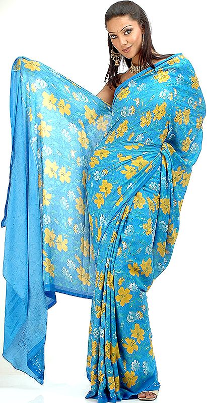 Dodger-Blue Sequined Sari with Floral Print