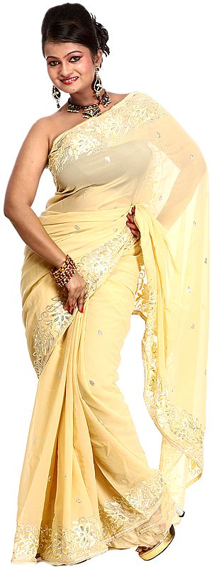Double-Cream Designer Sari with All-Over Thread Embroidered Flowers and Sequins