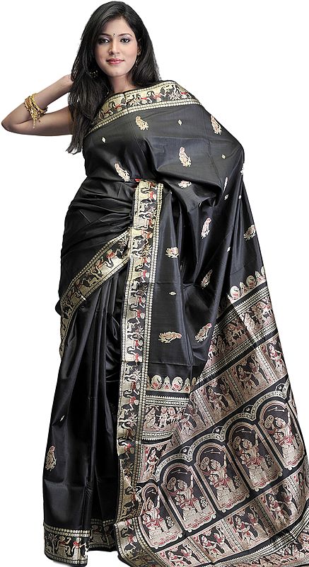 Draupadi's Dishonor Woven on a Black Baluchari Sari from Bengal