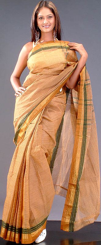 Dull-Golden Sari with Stripes